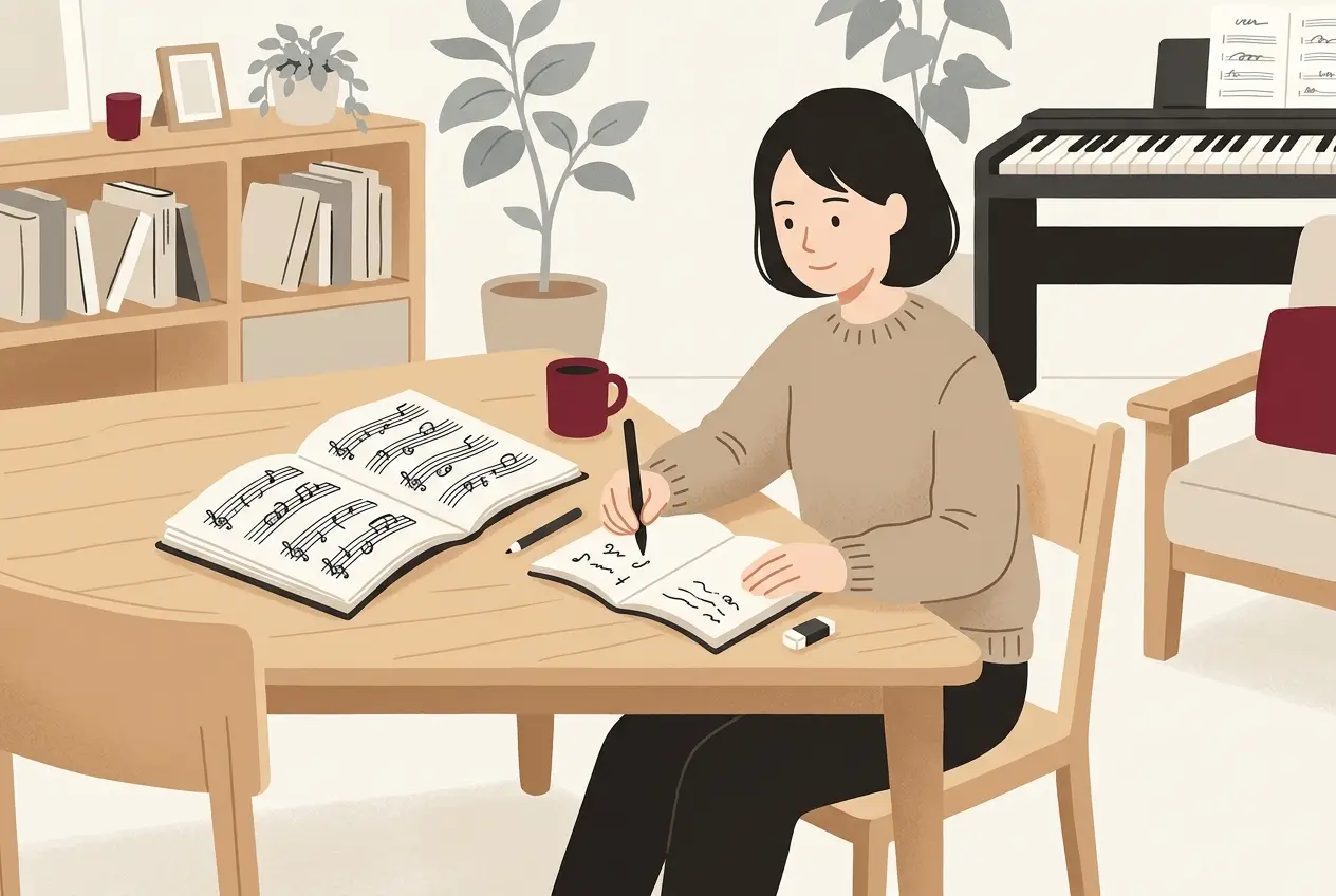 リビングのテーブルに教本と弾きたい曲の楽譜を並べ、メモ帳に楽器を使う目的を書き出している大人の場面