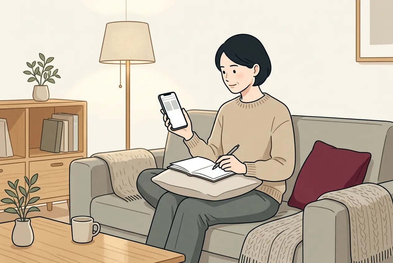 リビングのソファで、スマホの通販ページを見比べながら手帳に予算を書き込んでいる大人の場面