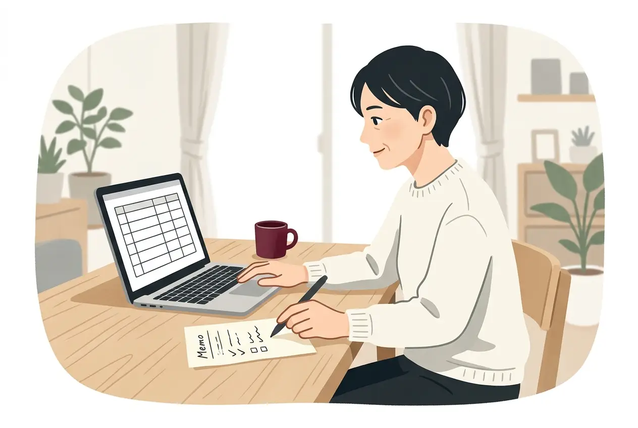 机の上のノートパソコンでメーカーの仕様表を開き、条件を手元のメモと照らし合わせている大人の場面