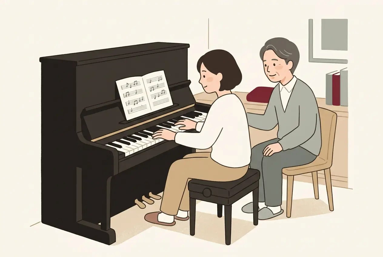 音楽教室の個室で、大人の生徒がアップライトピアノの前に座り、隣の講師と楽譜を見ながら鍵盤に手を置いている場面