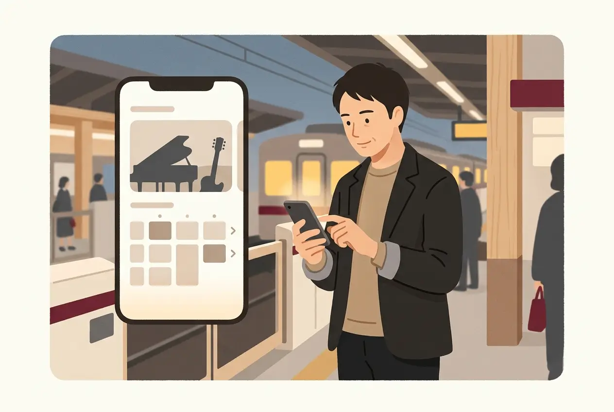 仕事帰りの大人が、駅のホームでスマホの予約画面を見ながら、来週のレッスンのスタジオと時間を選んでいる場面