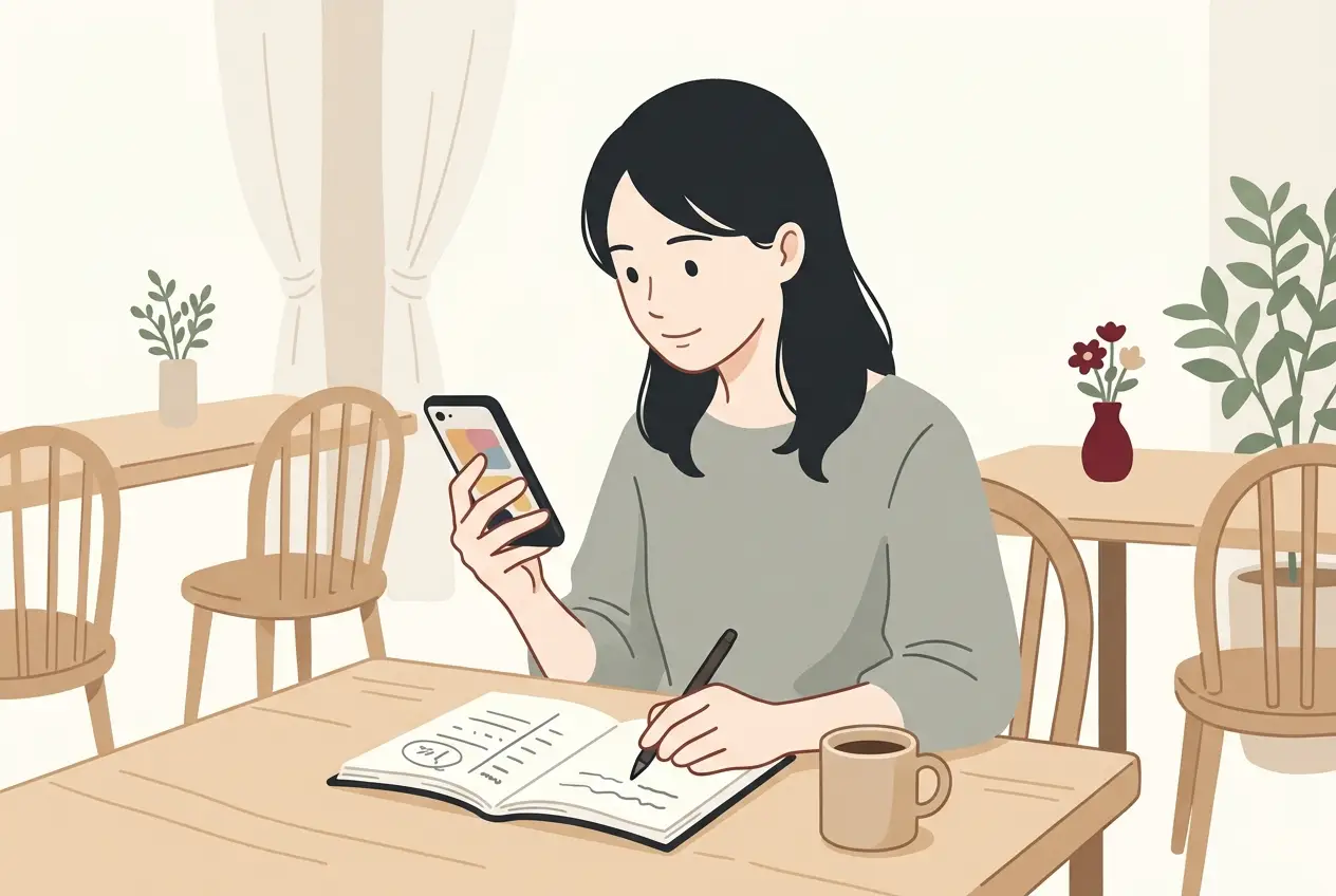 カフェのテーブルで、大人がノートに通える曜日と予算を書き出しながら、スマホで音楽教室の案内を見比べている場面