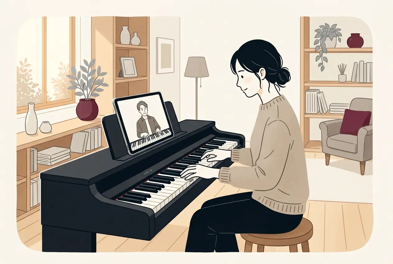自宅のリビングで、大人がタブレットを譜面台に置き、画面の講師を見ながら電子ピアノを弾いている場面