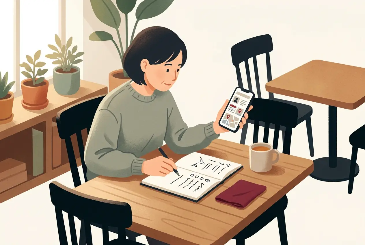 カフェのテーブルで、大人がノートに通える場所と曜日を書き出しながら、スマホで音楽教室の案内を見比べている場面