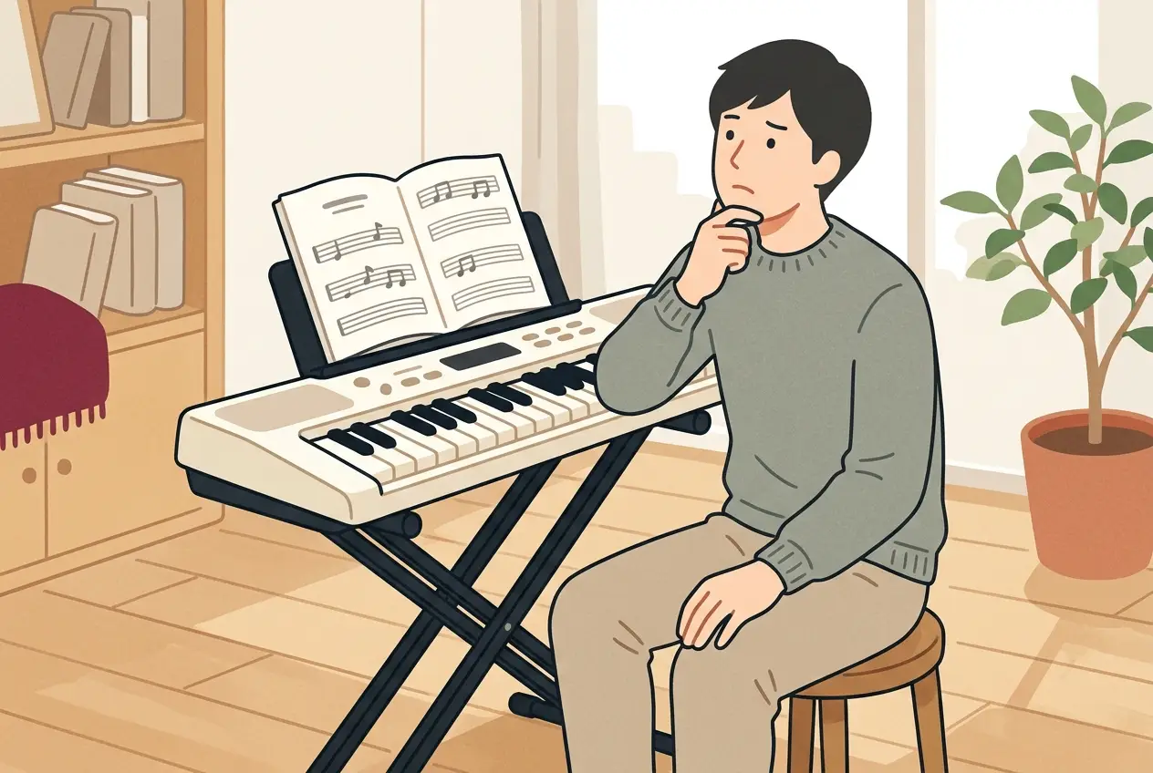自宅で軽いキーボードの前に座り、教本を開いたまま手を止めて考え込んでいる大人の場面