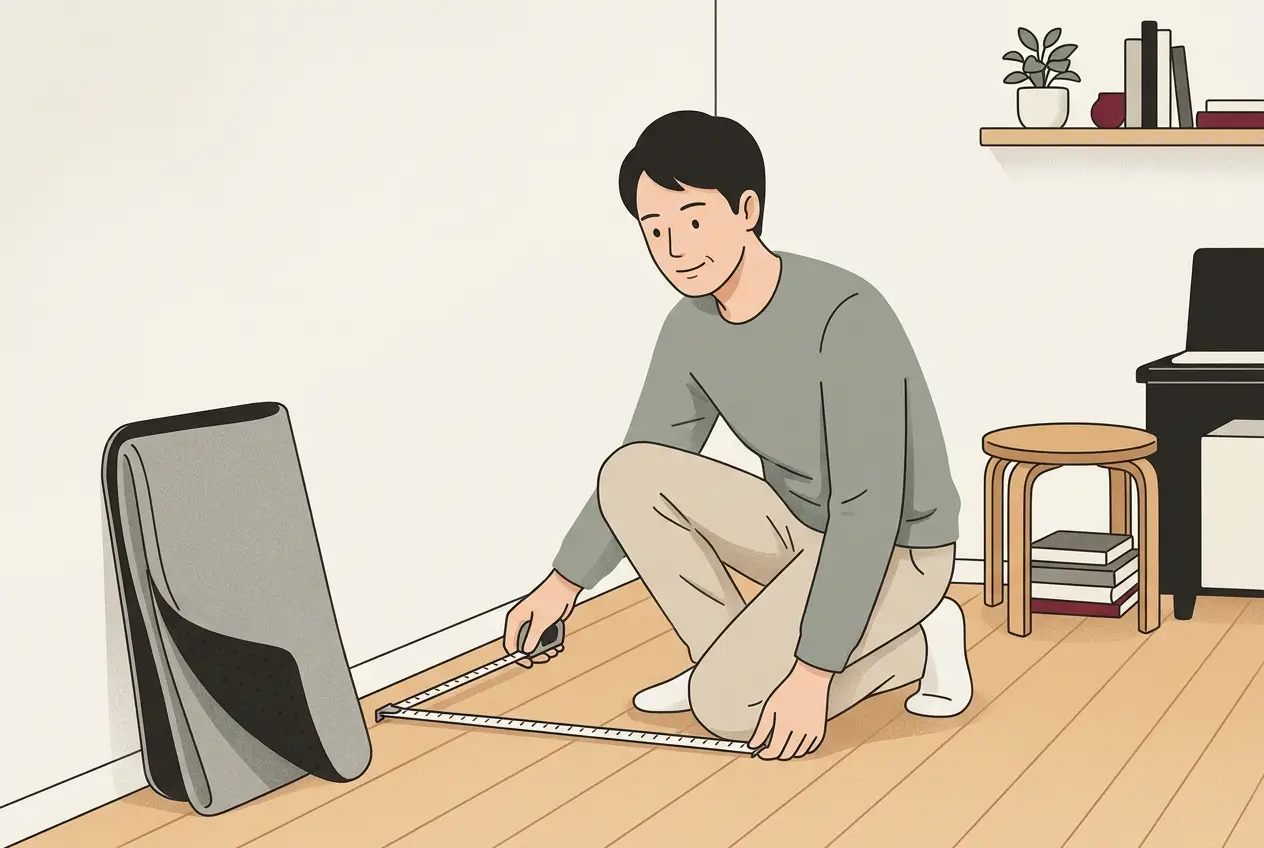 賃貸の部屋で、壁際の床にメジャーを当てて電子ピアノを置く幅と奥行きを測っている大人の場面