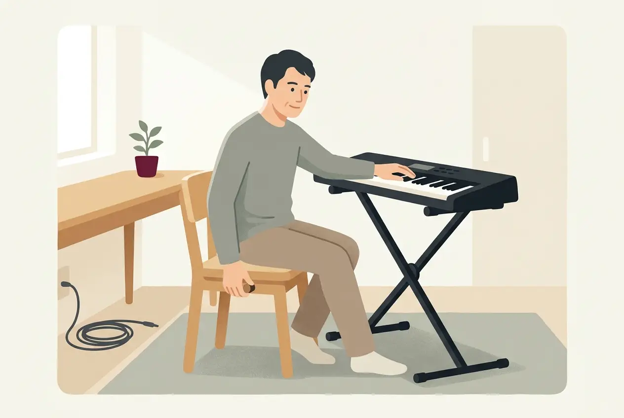 自宅の部屋でキーボードをスタンドに載せ、椅子の高さを合わせている大人の場面