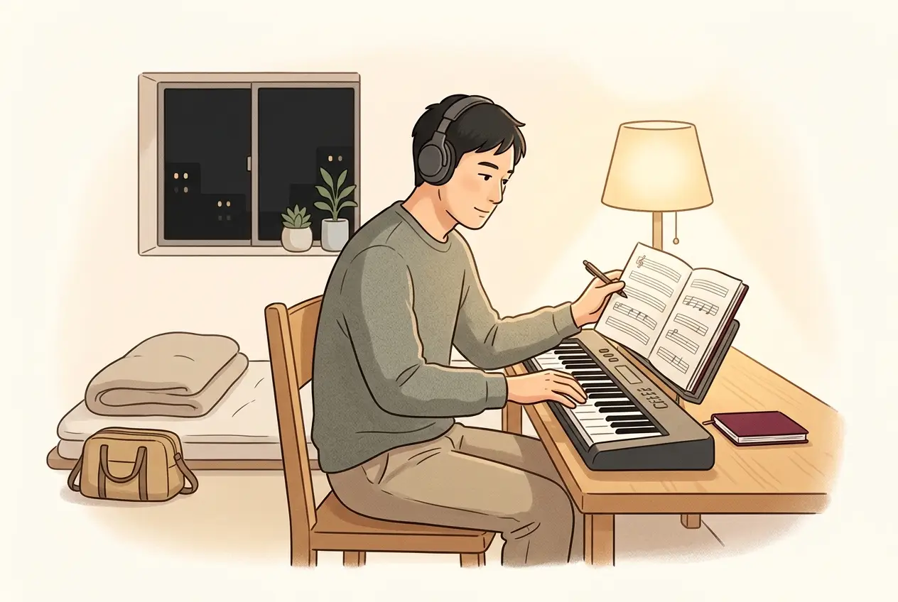 夜の単身赴任先の部屋で、ヘッドホンを着けてキーボードで楽譜の音を確かめている大人の場面
