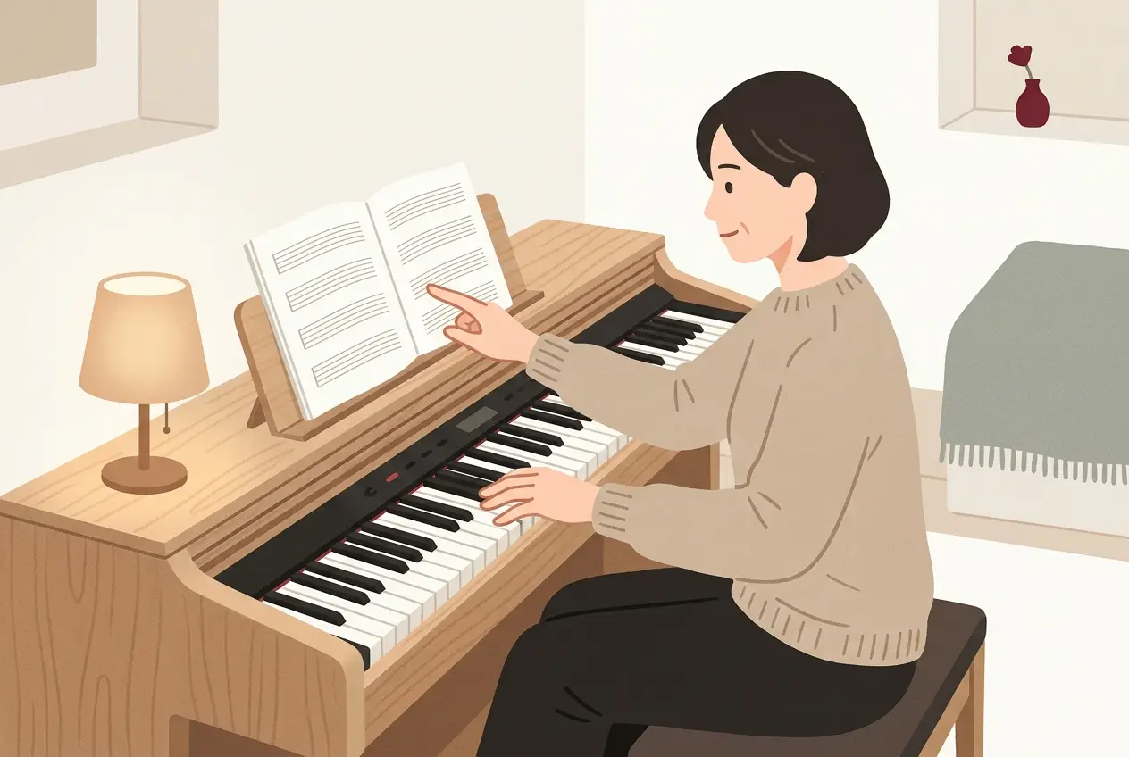 電子ピアノの前で楽譜の2小節だけを指さし、片手でゆっくり確かめている大人の場面