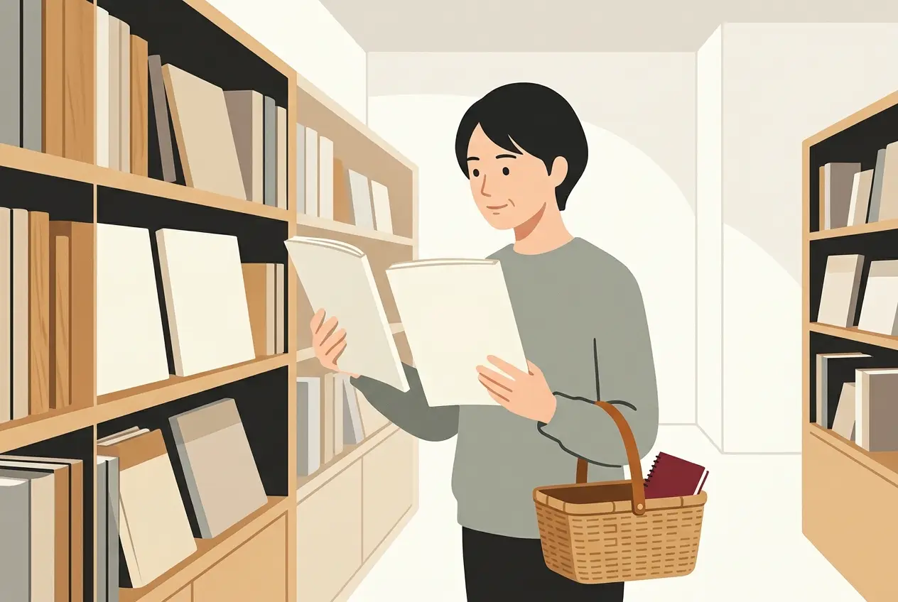 楽譜売り場の棚の前で、大人向けの総合教本と指の練習の本を見比べている大人の場面