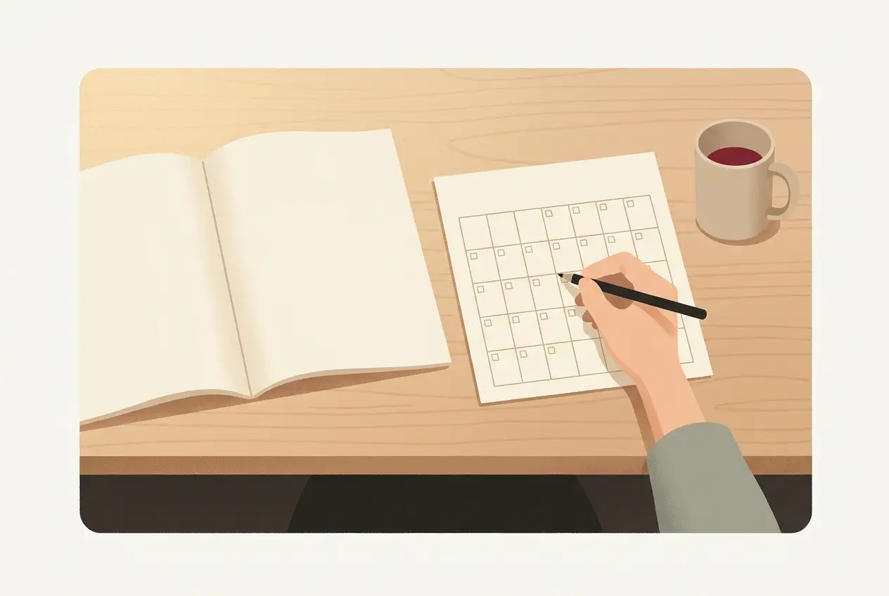 開いたピアノ教本の横でカレンダーに1日15分の練習時間を書き込んでいる場面