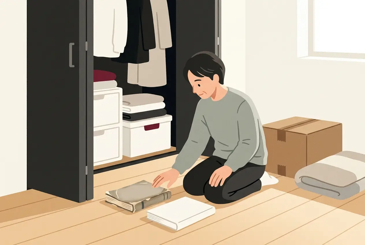 押し入れから出した昔のピアノ教本と、新しい大人向けの教本を机に並べて見比べている場面