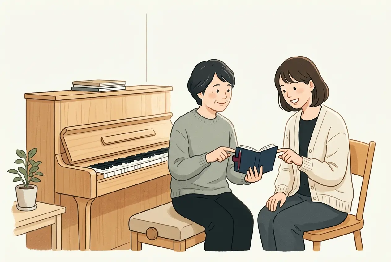 音楽教室のレッスン室で、大人の生徒が先生に手帳を見せながら次のレッスンの日程を相談している場面