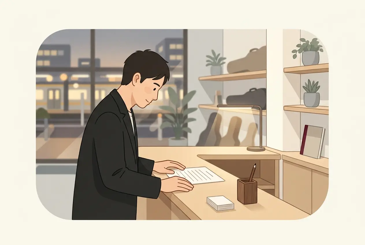 仕事帰りの大人が、駅近くの音楽教室の受付でレッスンの予約表を確かめている場面