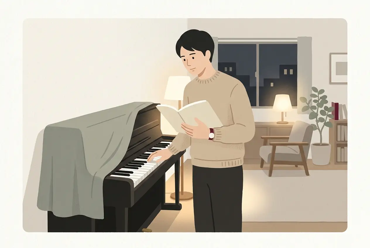 カバーのかかった電子ピアノの前で、大人が教本を開いて自分の止まっている場所を考えている場面