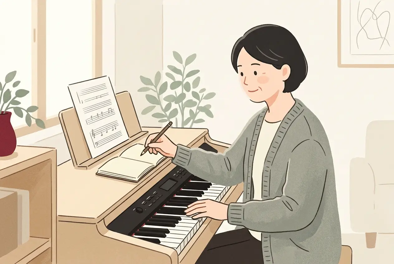 電子ピアノの譜面台の横で、大人が小さなノートに今日練習した曲と小節を書き込んでいる場面