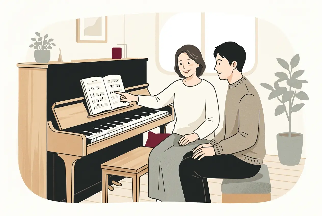 明るいレッスン室で、先生が大人の生徒の横に座り、譜面台の楽譜を指しながら話している場面