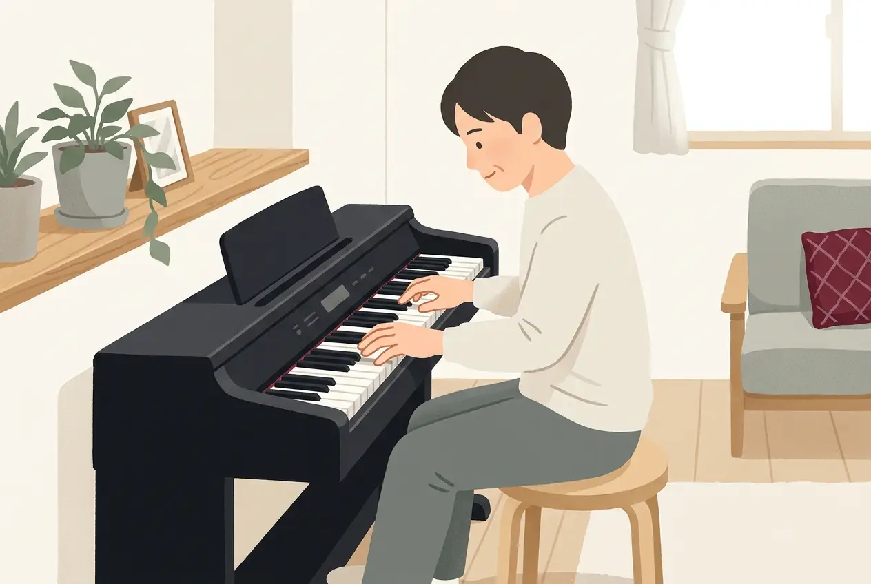 電子ピアノの前に座った大人が、自分の右手を見つめながら指を1本ずつ鍵盤に置いている場面
