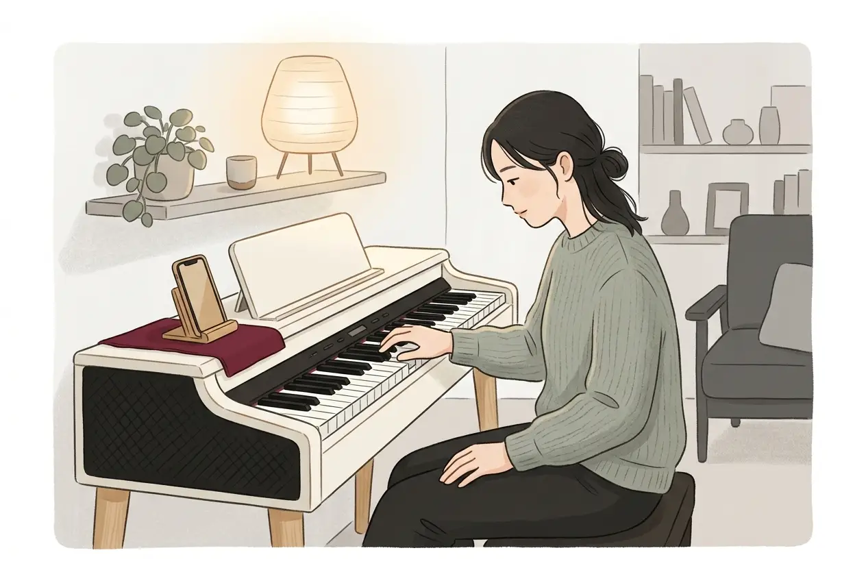 電子ピアノの前で左手だけをゆっくり動かし、片手の練習をしている大人の場面