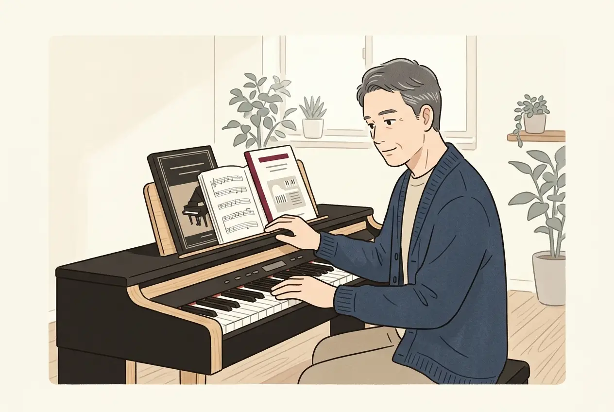 譜面台に弾きたい曲の楽譜と今の教本を並べ、大人が2冊を見比べている場面