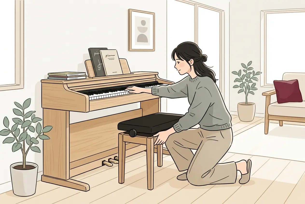 大人が電子ピアノの椅子の高さを調整し、肘と鍵盤の高さをそろえている場面