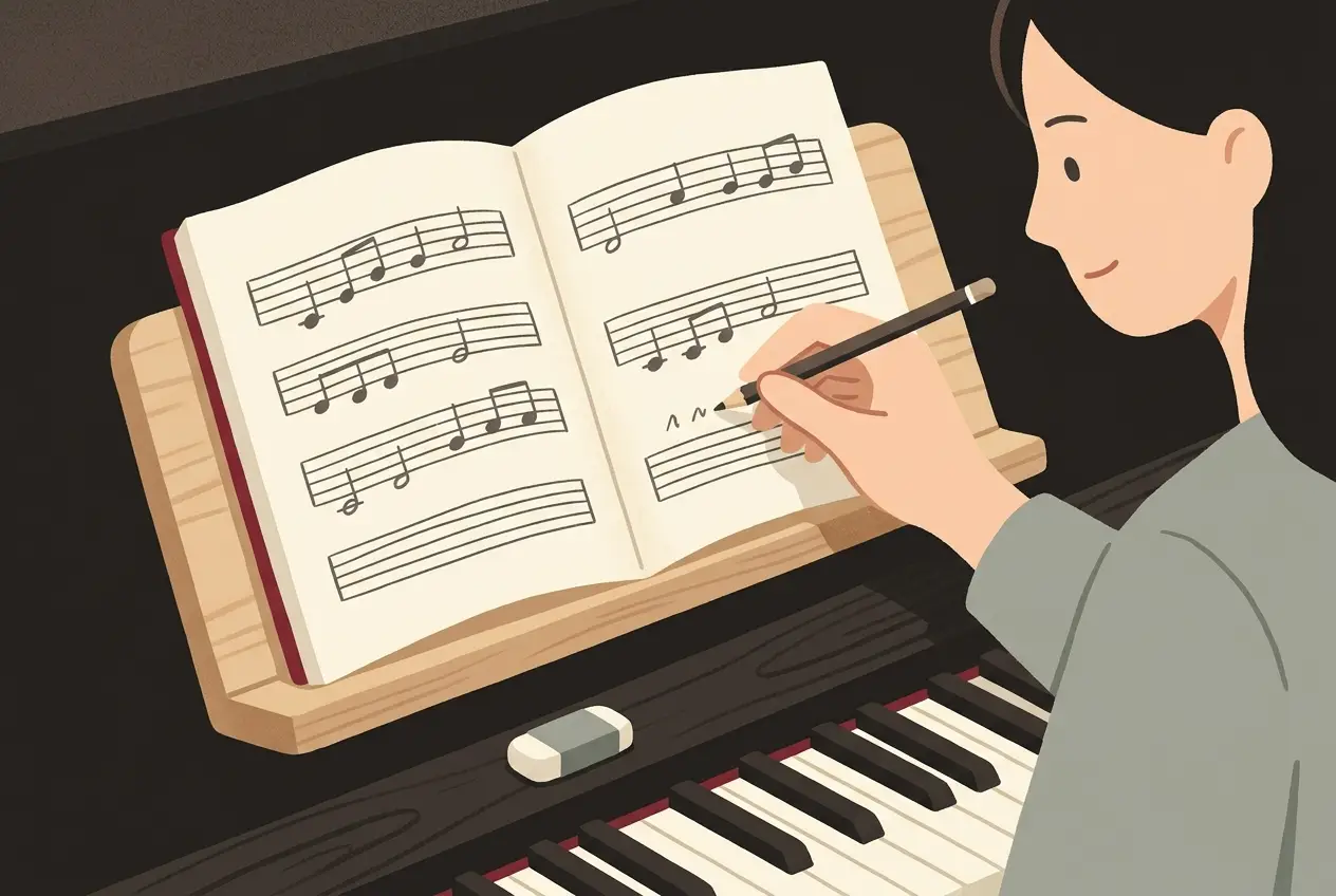 教本の楽譜を開き、音符の下に鉛筆で小さくドレミを書き込んでいる大人の手元