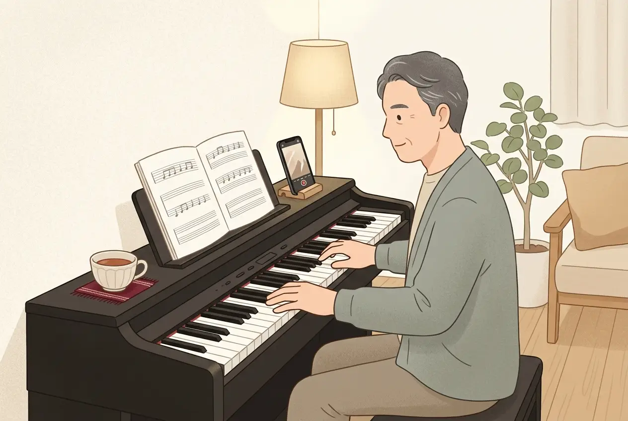 電子ピアノの前で教本の最初の曲を両手で弾き、横に置いたスマートフォンで録音している大人の場面