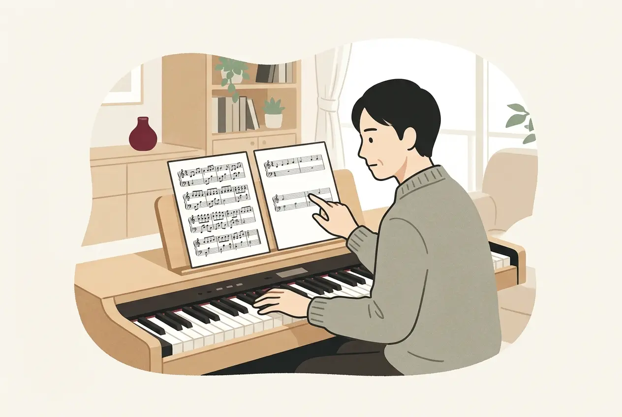 電子ピアノの前で、大人が同じ曲の難しさの違う楽譜を2枚並べて見比べている場面