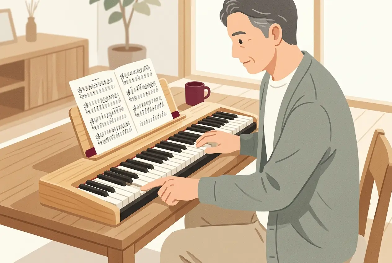 鍵盤の少ないキーボードの上に楽譜を置き、大人が楽譜の一番低い音と高い音の位置を指で確かめている場面