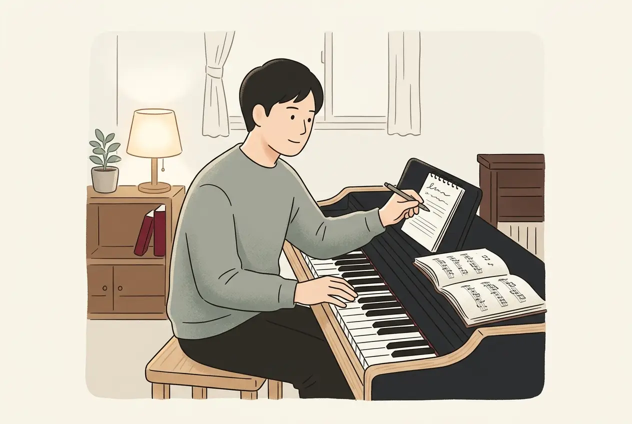 電子ピアノの前に座った大人が、練習ノートに止まった小節を書き込んでいる場面