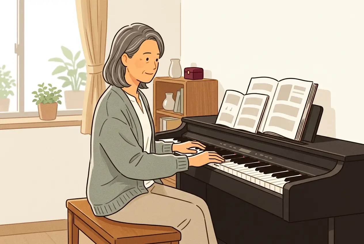 譜面台に2冊の教本を並べ、易しいほうの曲を開いて弾き始める大人の場面