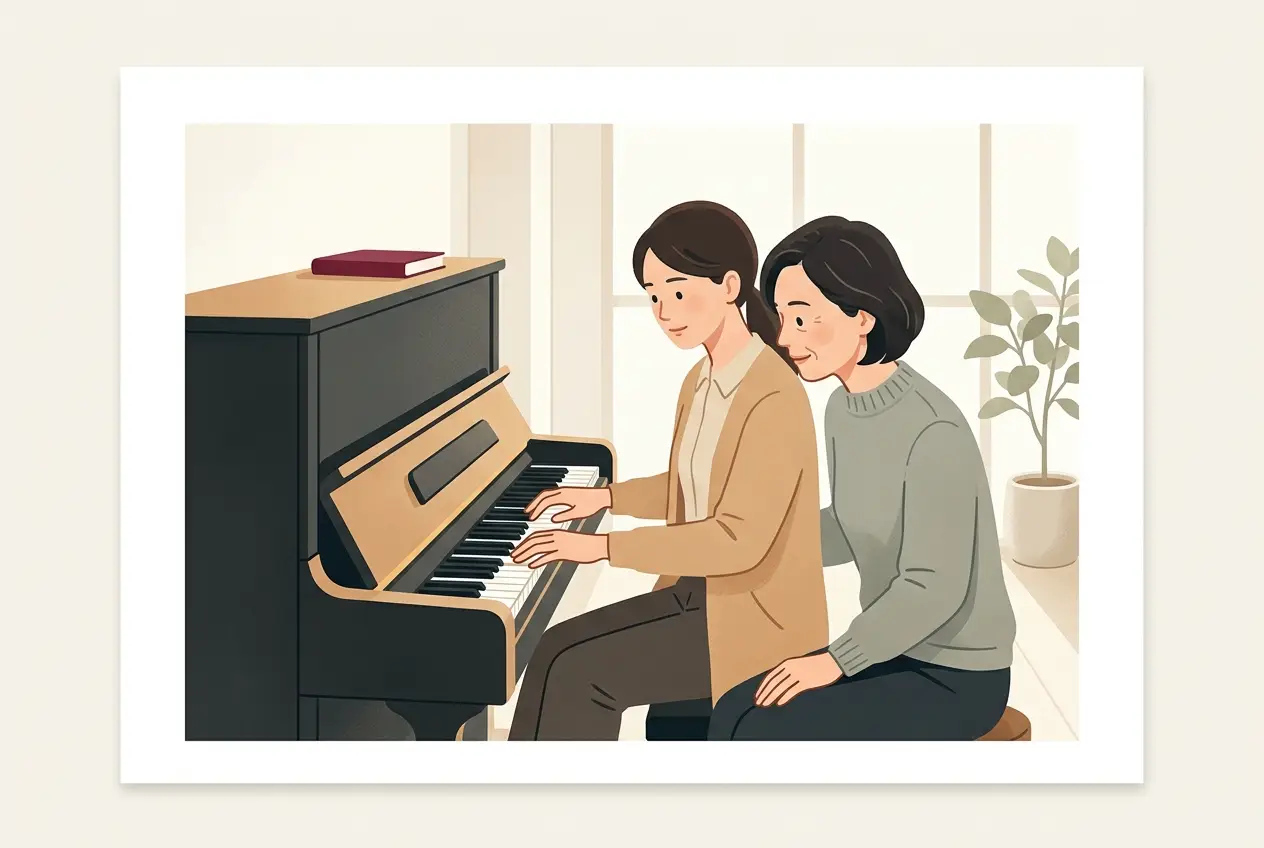 体験レッスンで、先生が横から大人の生徒の手の形を見ている場面