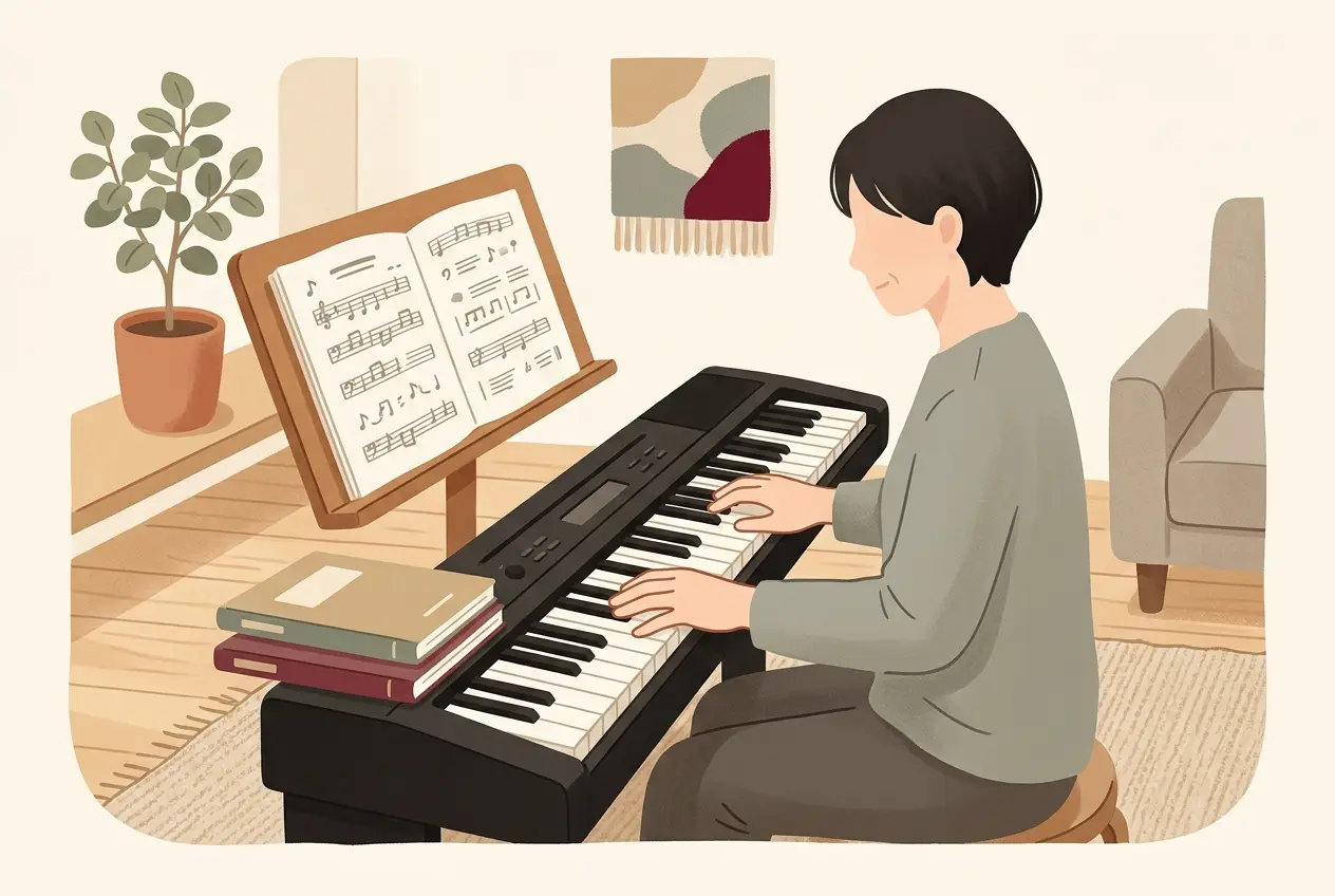 譜面台に総合教本を1冊立て、その横にテクニックの本と曲集を重ねて置いている場面