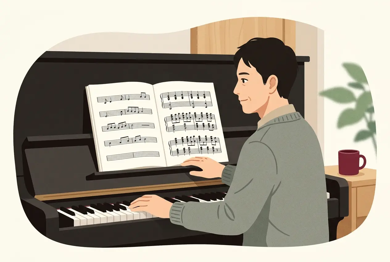 コードネームが書かれたポップスの楽譜と、クラシックの練習曲集を並べて見比べている場面