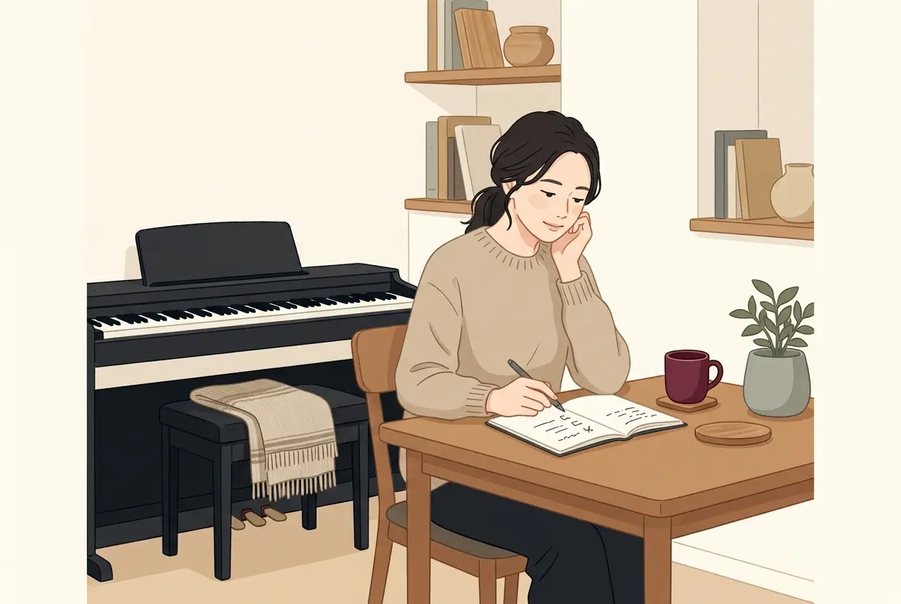 ノートに月の回数と費用を書き出して、オンラインレッスンの受け方を比べている大人の場面