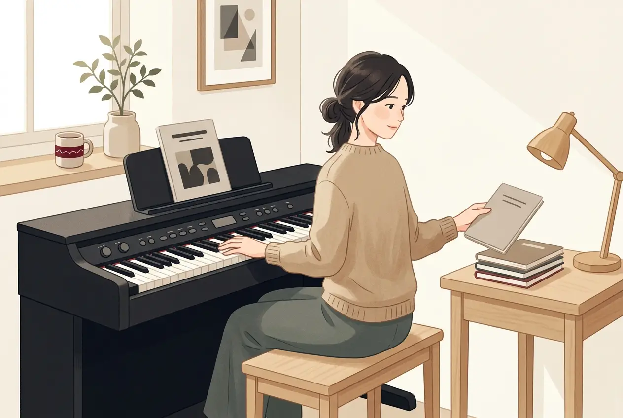 電子ピアノの前で、大人の初心者が段階ごとに分けた楽譜を並べて1曲を選んでいる場面