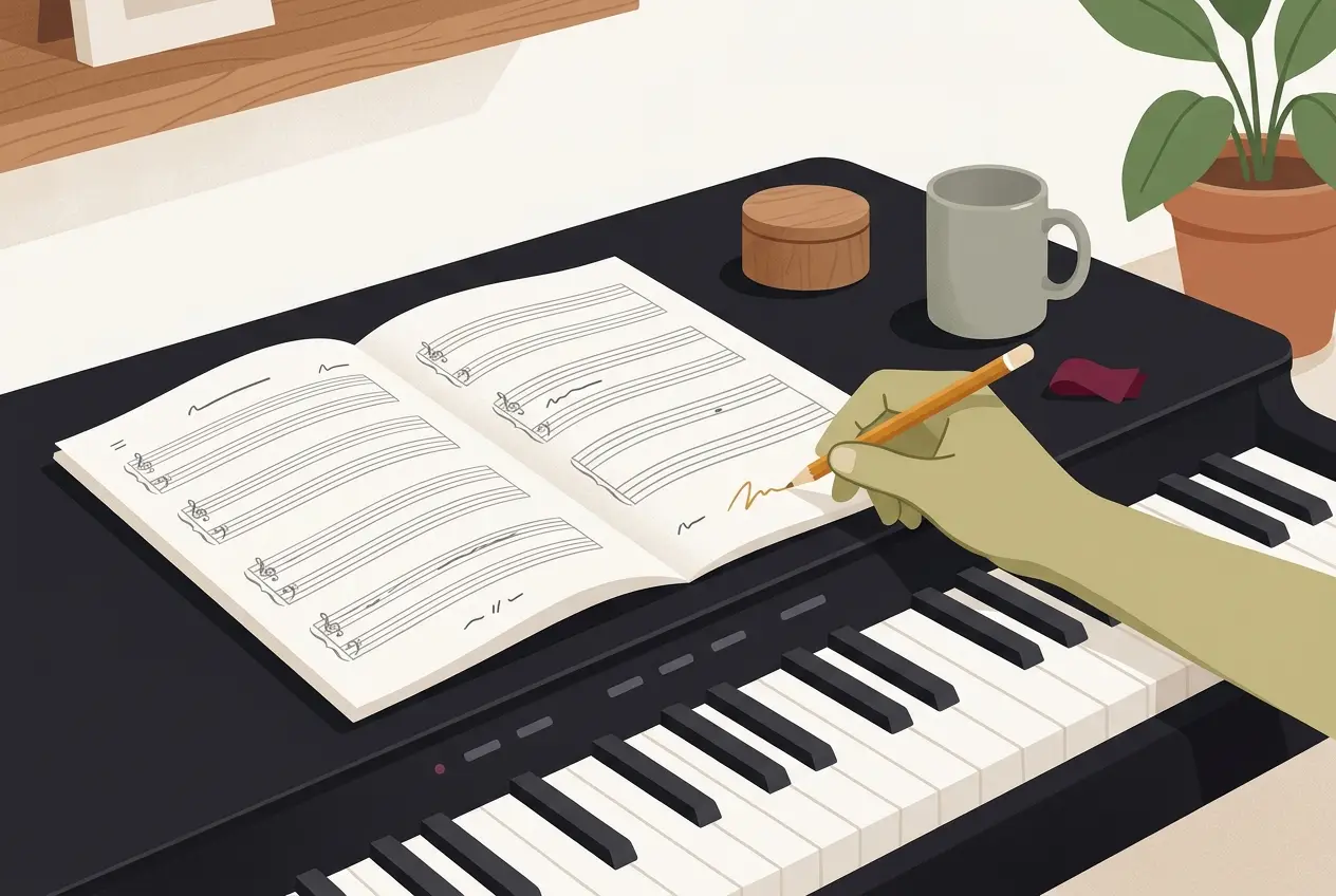 楽譜の余白に始めた日と通せた日を書き込みながら、次に弾く曲を考えている場面