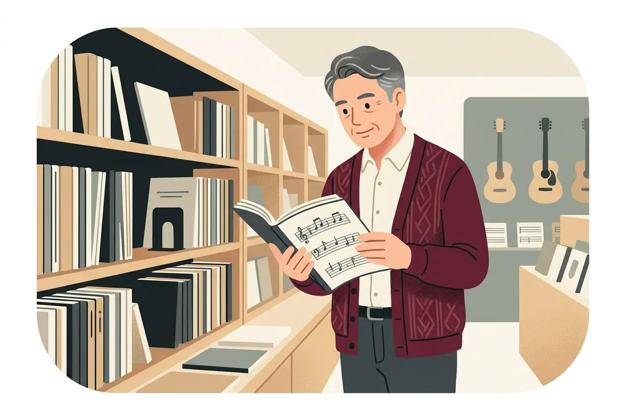 楽器店の楽譜売り場で、大人が音名と指番号の付いた曲集を開いて中身を確かめている場面