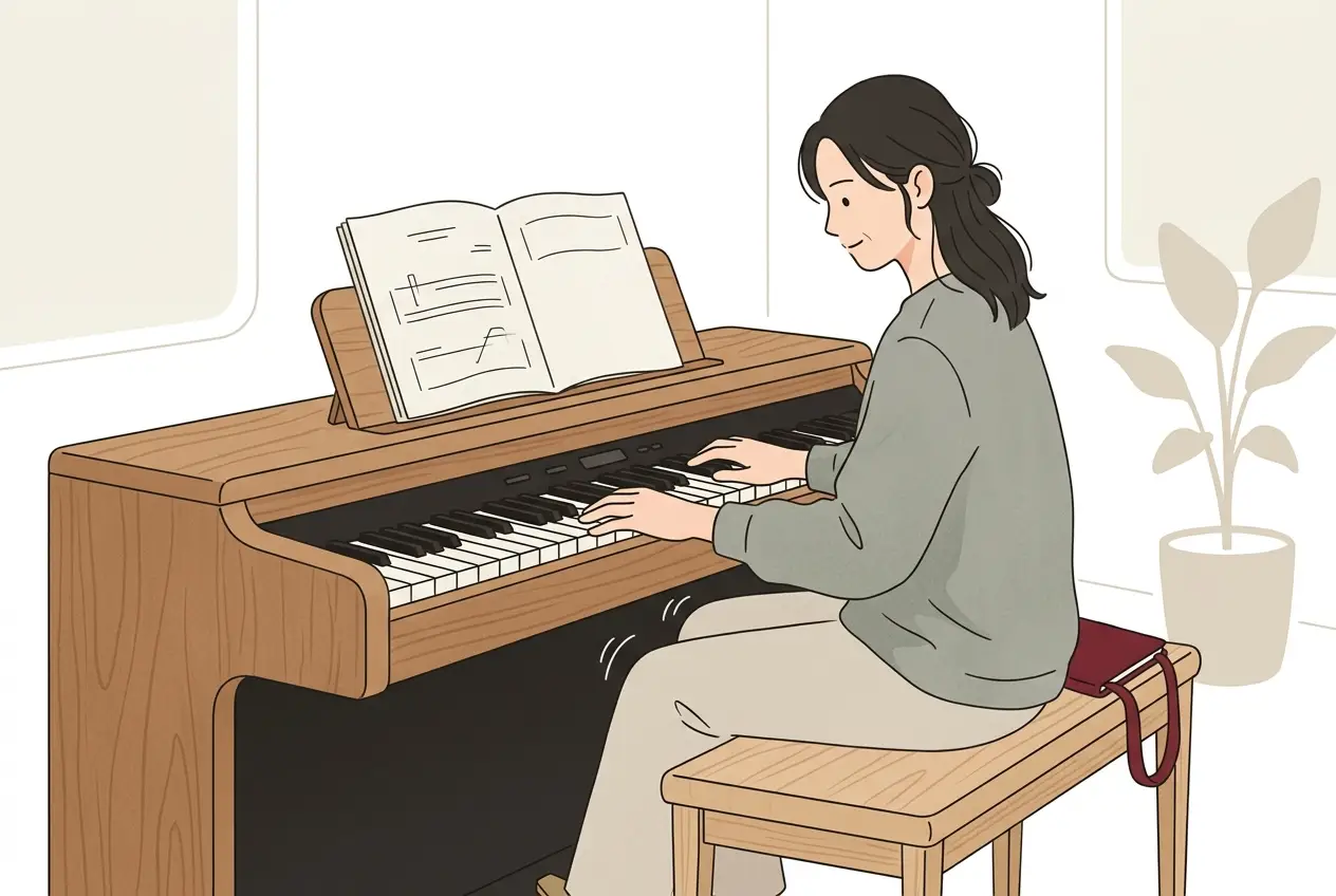 電子ピアノの前に座った大人が、両手でひざを軽くたたいてリズムを取っている場面