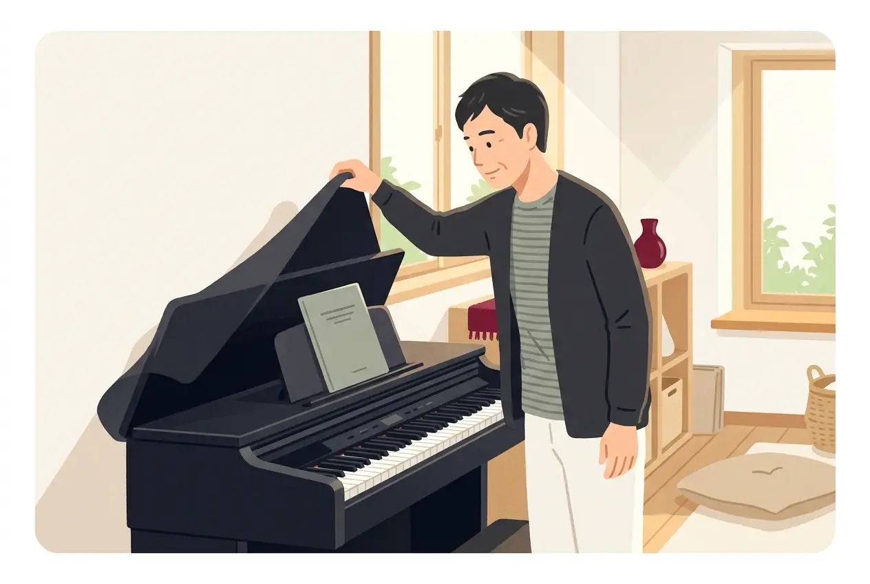 しばらく使っていなかった電子ピアノのふたを開けた大人が、薄い楽譜を譜面台に置いて弾き始めようとしている場面