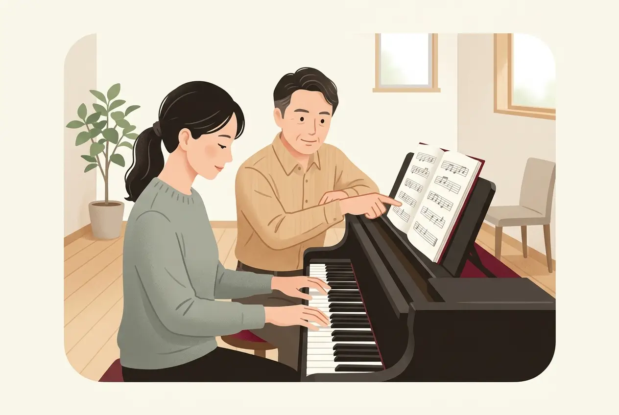 明るいレッスン室で、講師が大人の生徒の手元を見ながら、楽譜の止まる所を指して話している場面