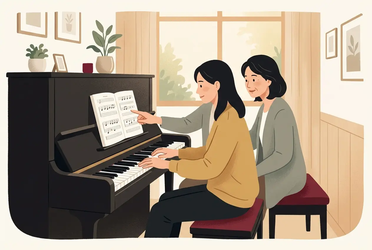 音楽教室の個室で、大人の生徒がピアノの前に座り、隣の講師の説明を聞きながら鍵盤に手を置いている場面
