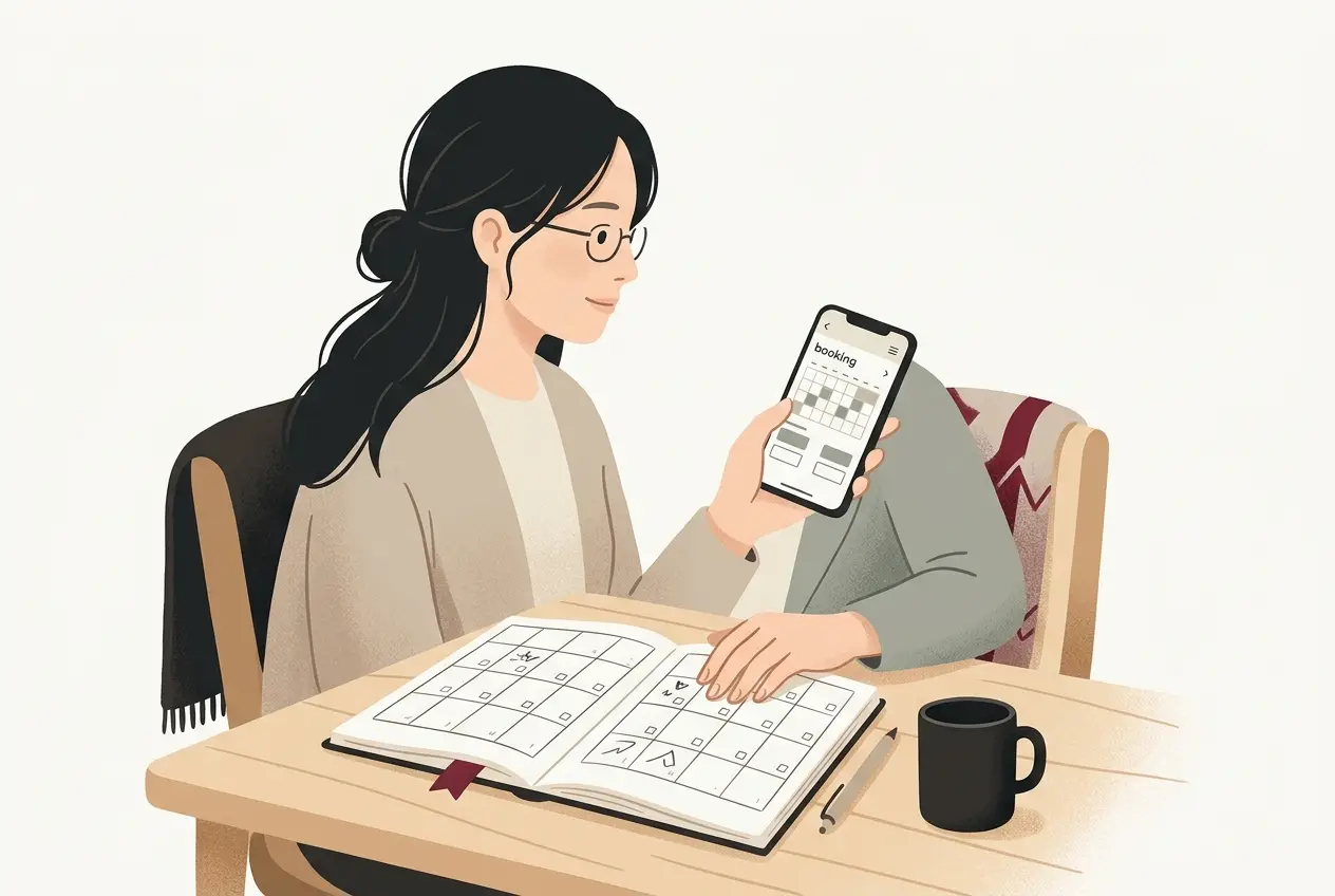 仕事帰りの大人が、スマホの予約画面と手帳のカレンダーを見比べながら、来月のレッスンの日を選んでいる場面