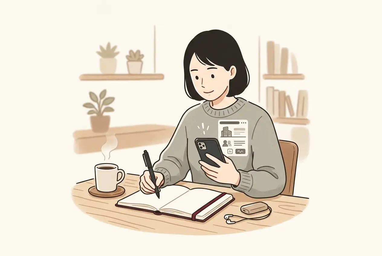 カフェのテーブルで、大人がノートに通える曜日と場所を書き出しながら、スマホで音楽教室の案内を見比べている場面